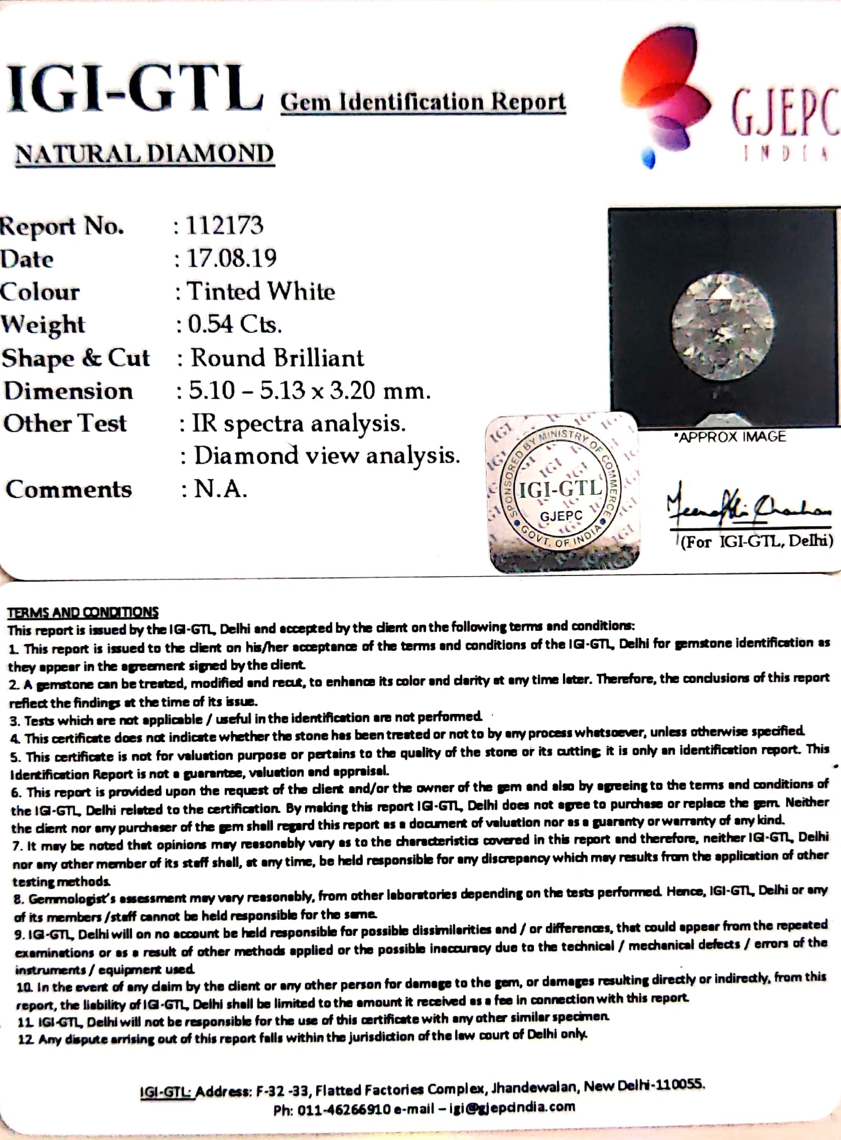 0.54 Cents Diamond With Govt. Lab Certificate (110000)