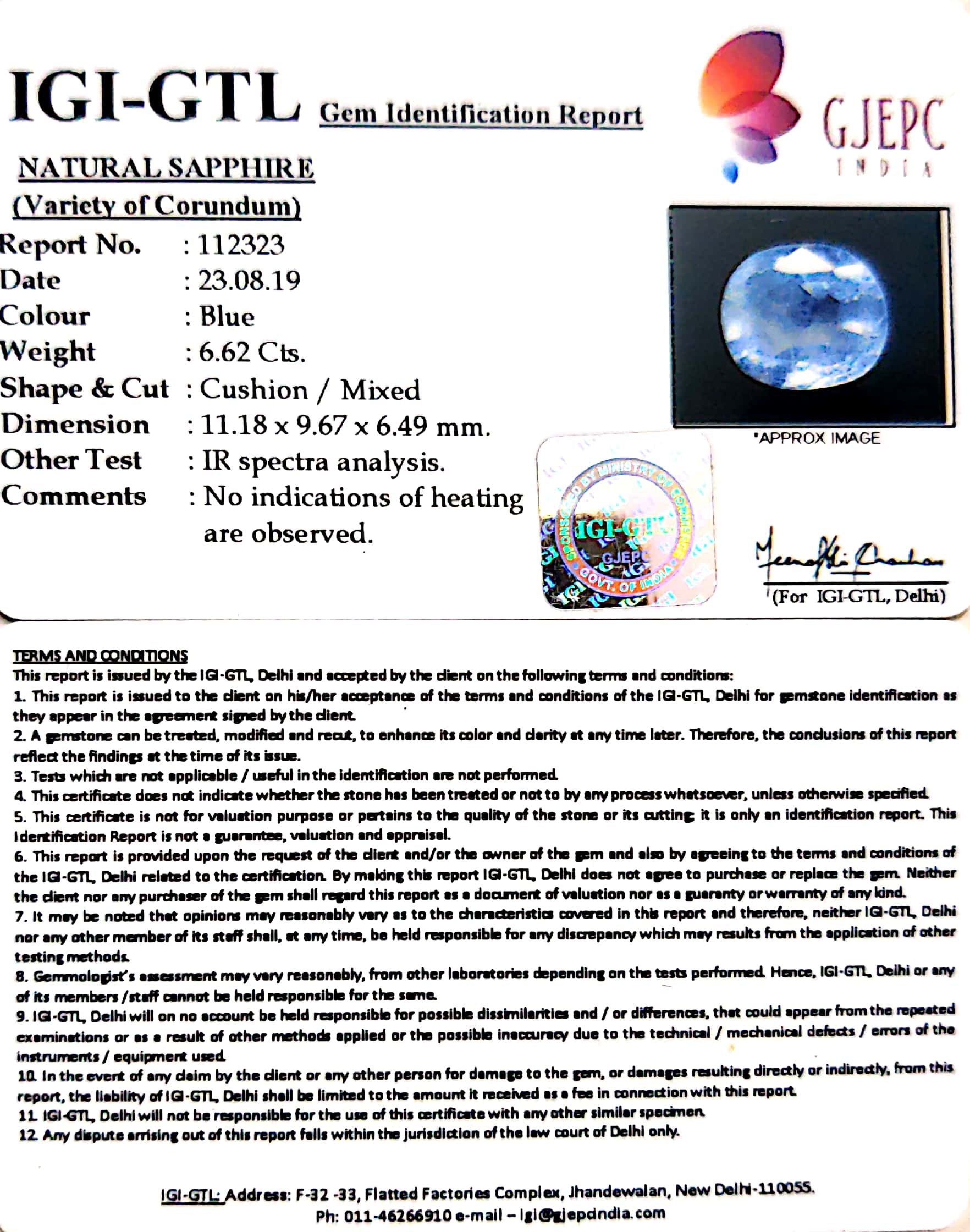 6.62/CT Natural Blue Sapphire with Govt Lab Certificate-BLUSA9U