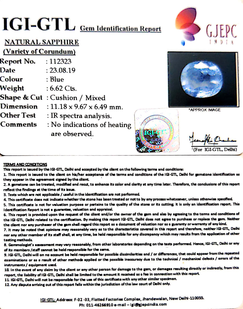 6.62/CT Natural Blue Sapphire with Govt Lab Certificate-BLUSA9U
