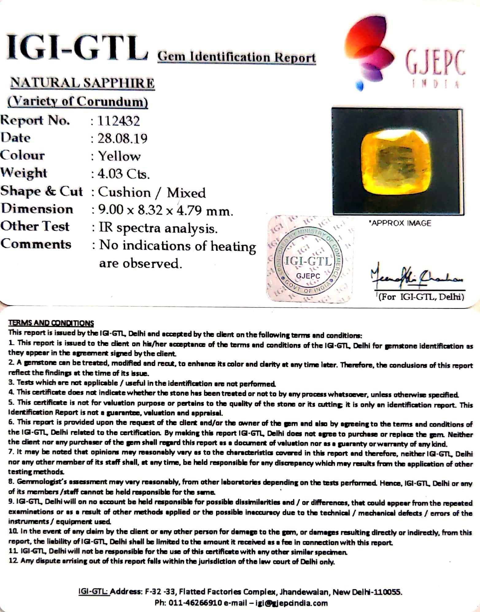 4.03/CT Natural Yellow Sapphire with Govt Lab Certificate-YELSA9U