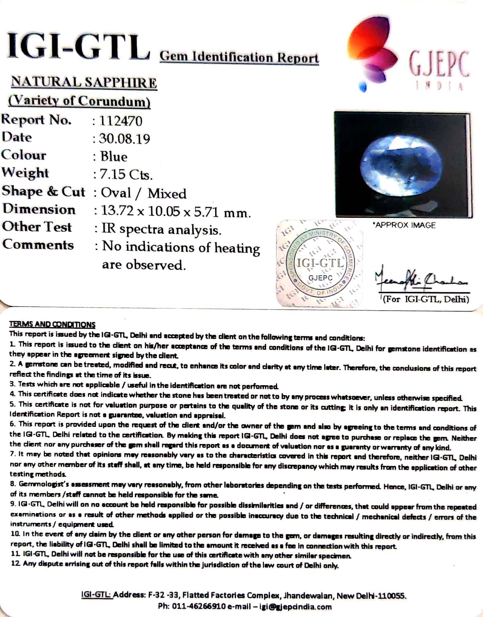 7.15/CT Natural Blue Sapphire with Govt Lab Certificate-BLUSA9T