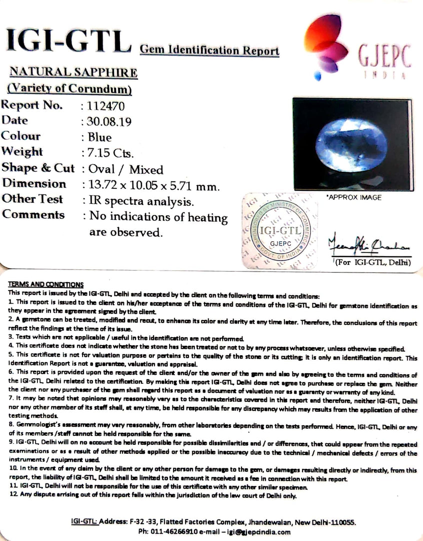 7.15/CT Natural Blue Sapphire with Govt Lab Certificate-BLUSA9T