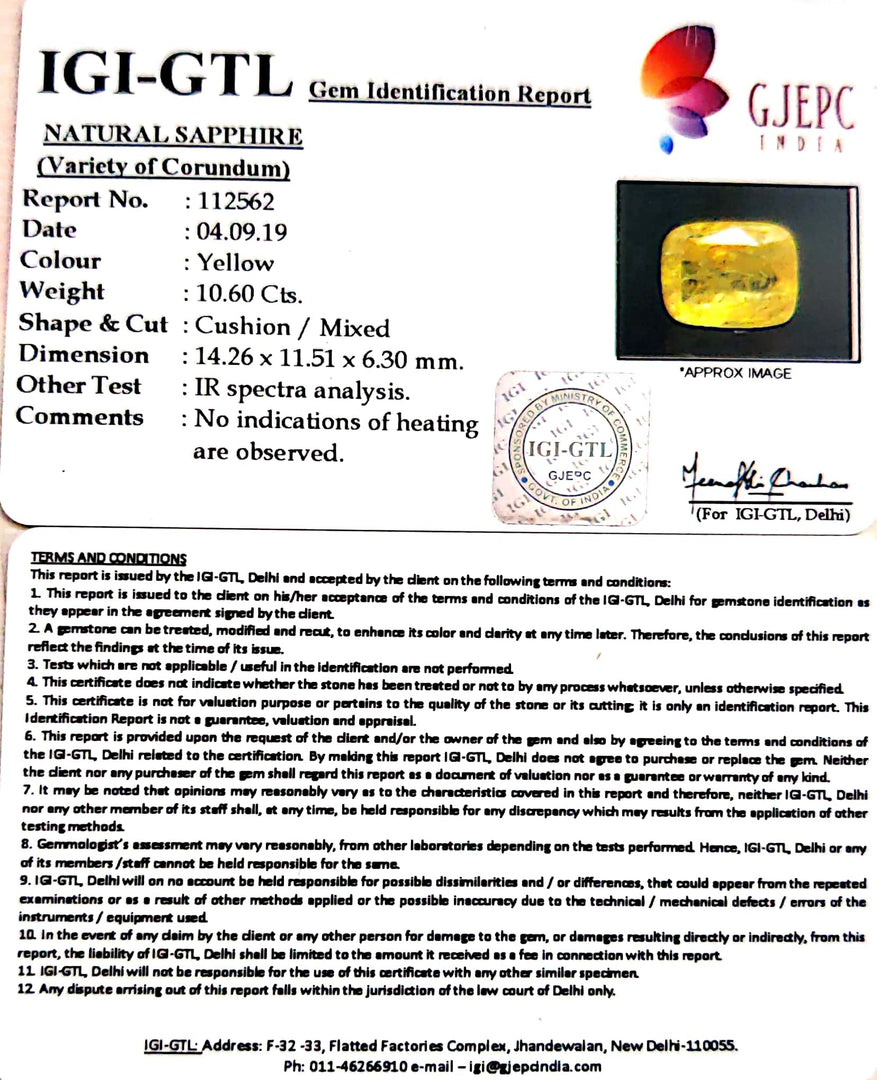 10.60/CT Natural Yellow Sapphire with Govt Lab Certificate-16650