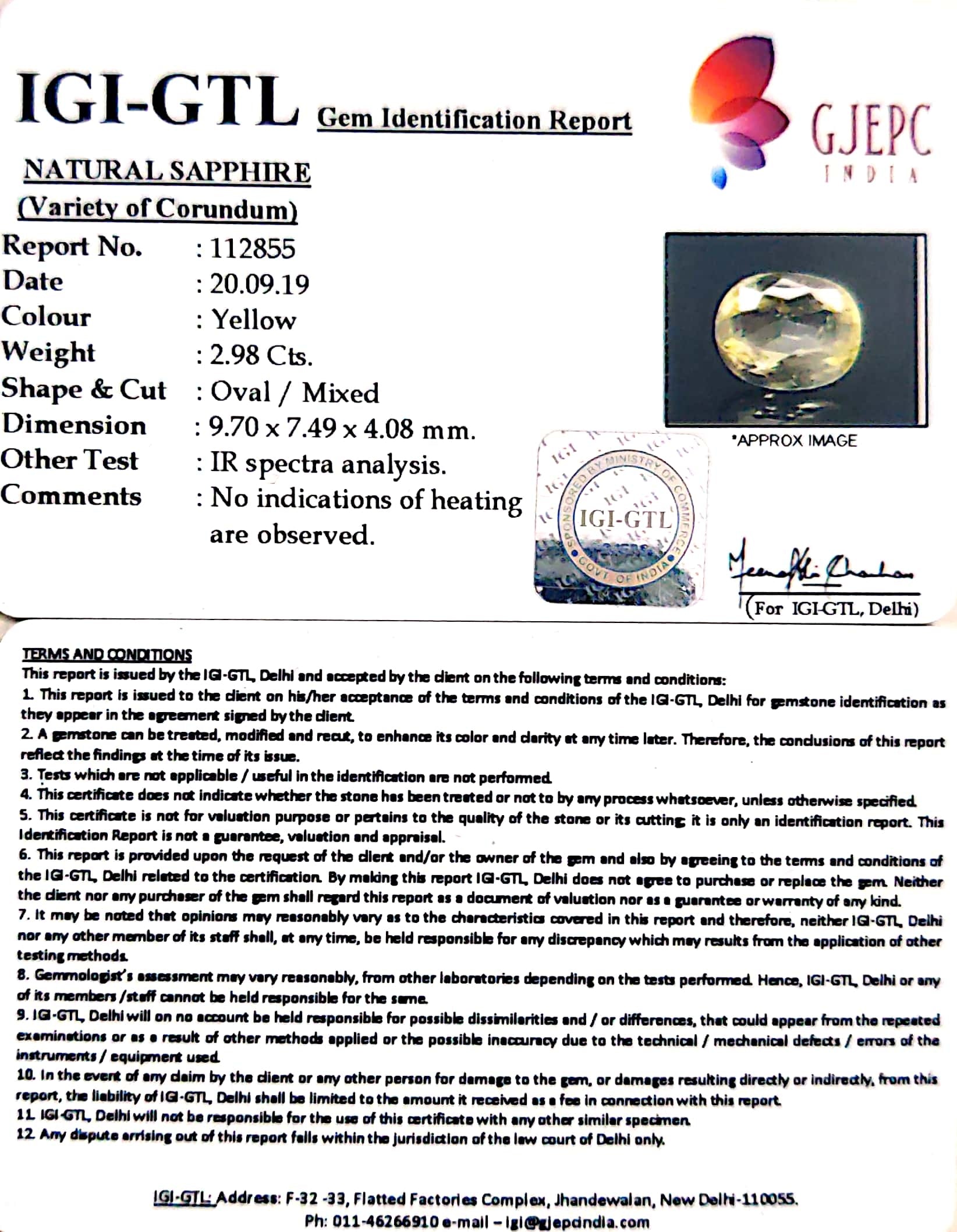 2.98/CT Natural Yellow Sapphire with Govt Lab Certificate-(YELSA9W)