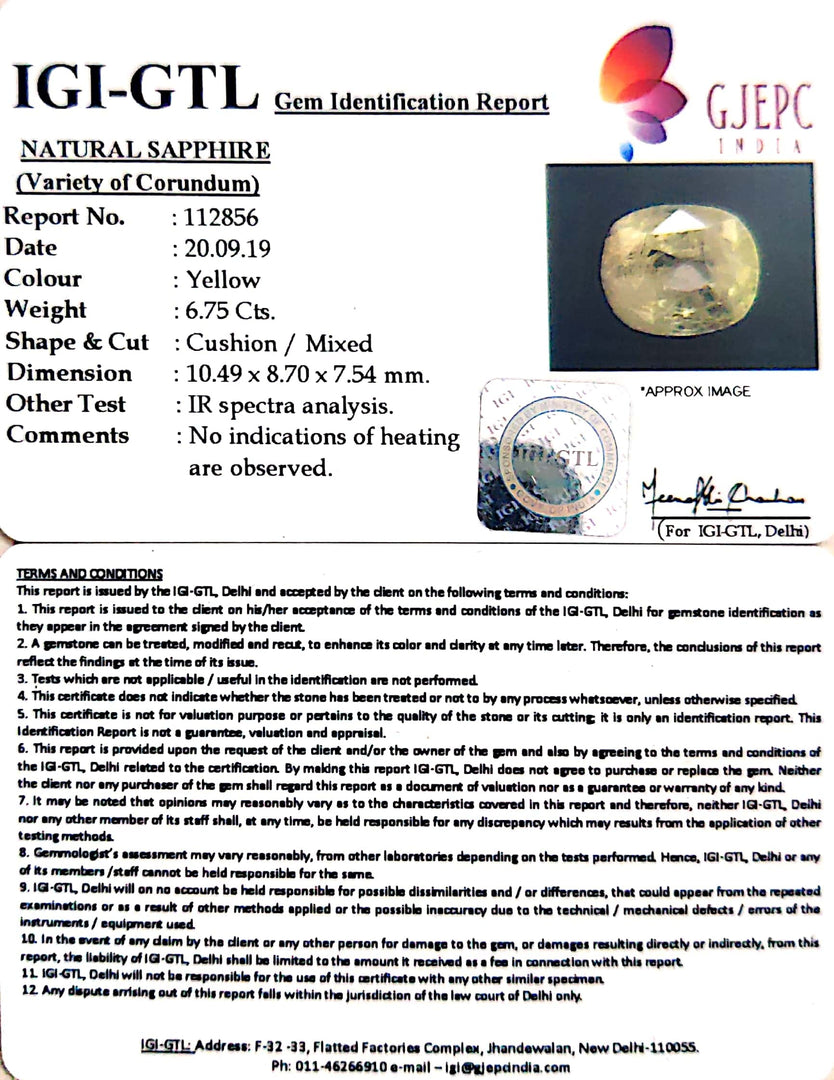 6.75/CT Natural Yellow Sapphire with Govt Lab Certificate-YELSA9U