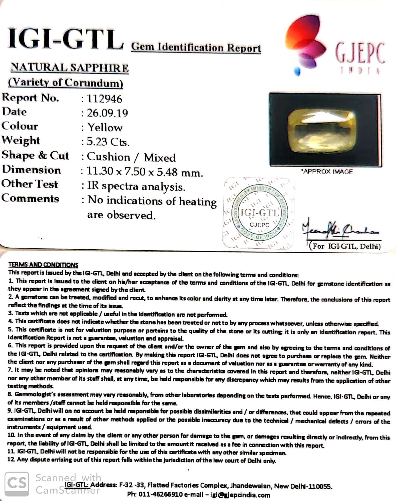 5.23/CT Natural Yellow Sapphire with Govt Lab Certificate