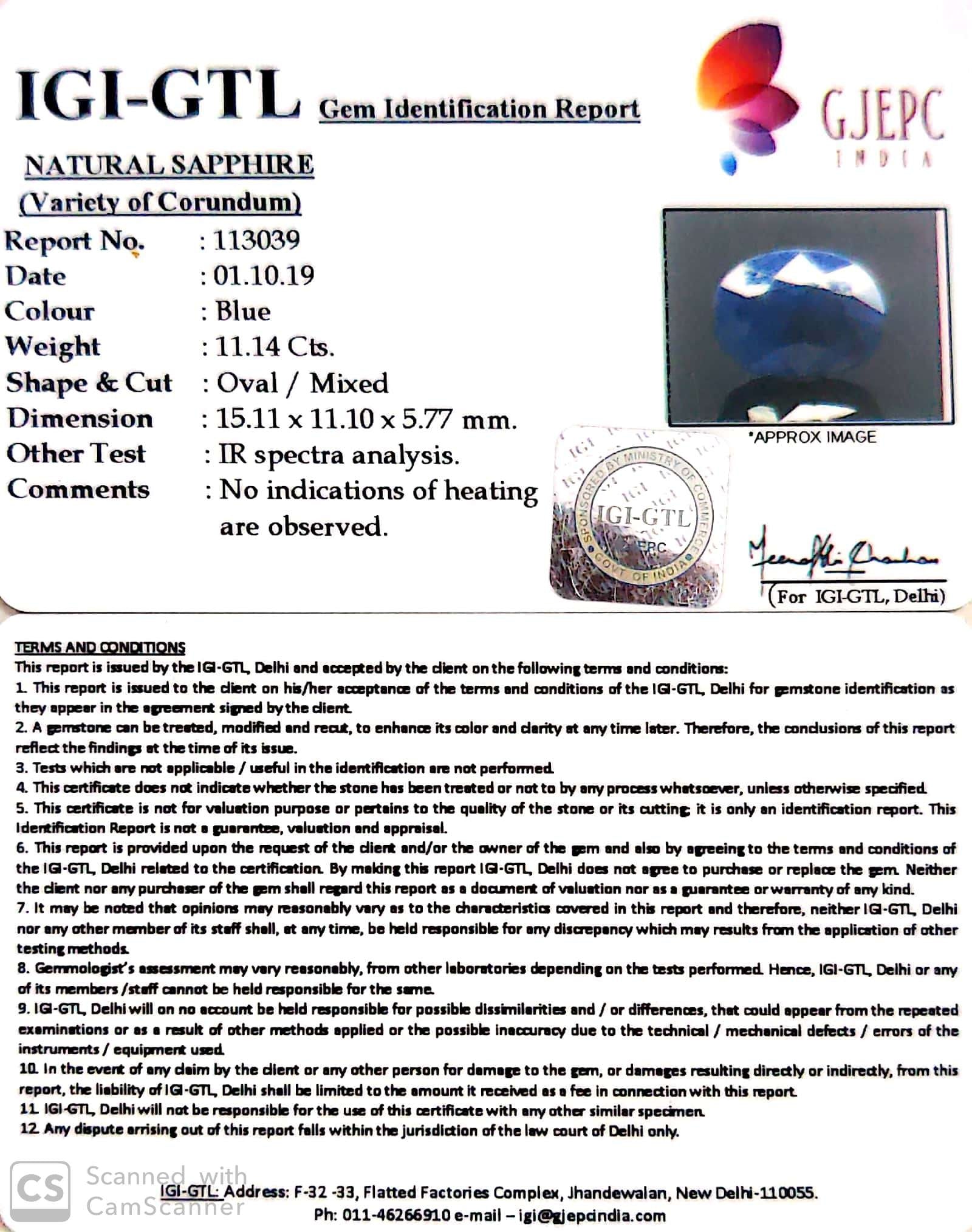 12.38 Ratti Natural Blue Sapphire With Govt Lab Certified-(2331)
