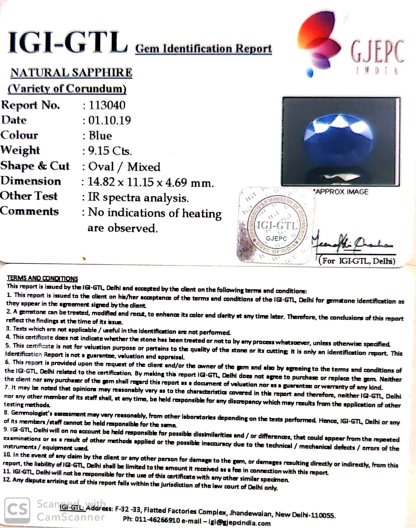 10.17 Ratti Natural Blue Sapphire With Govt Lab Certified-(2331)