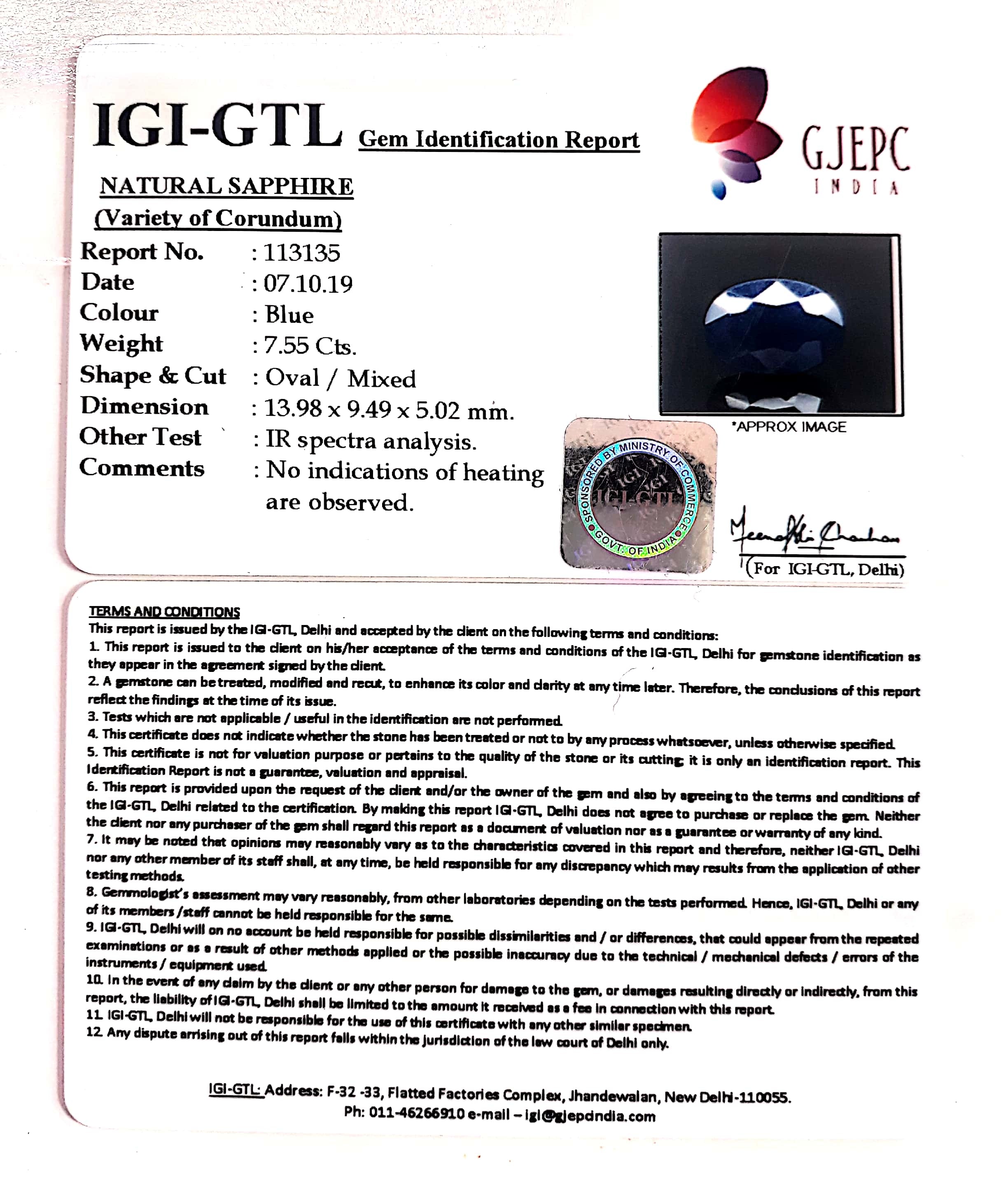 7.55/CT Natural Blue Sapphire With Govt Lab Certified-(2331)