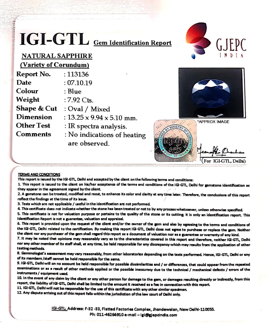 8.79 Ratti Natural Blue Sapphire With Govt Lab Certified-(2331)