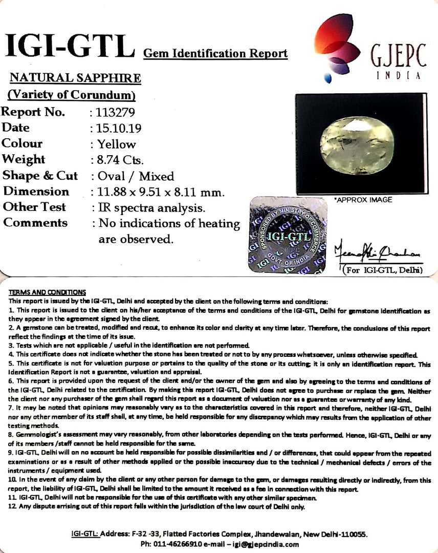 9.71 Ratti Natural Yellow Sapphire with Govt Lab Certificate-(6771)