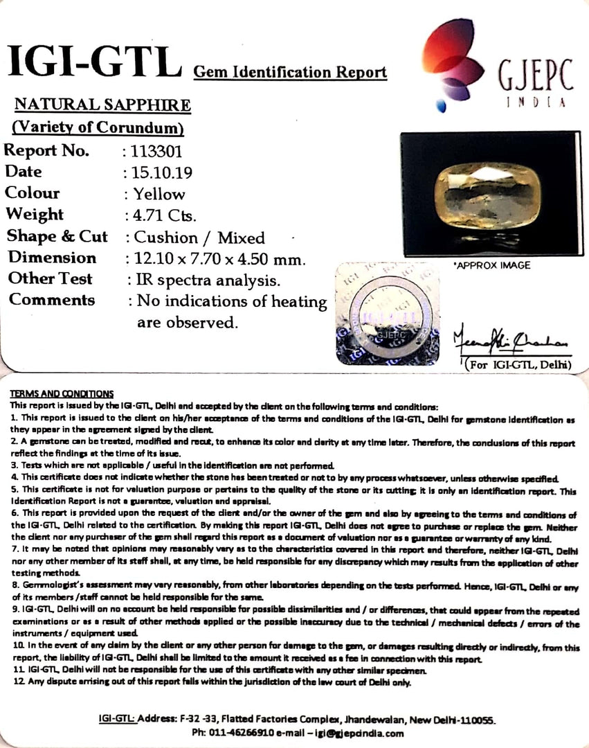 4.71/CT Natural Yellow Sapphire with Govt Lab Certificate-YELSA9U