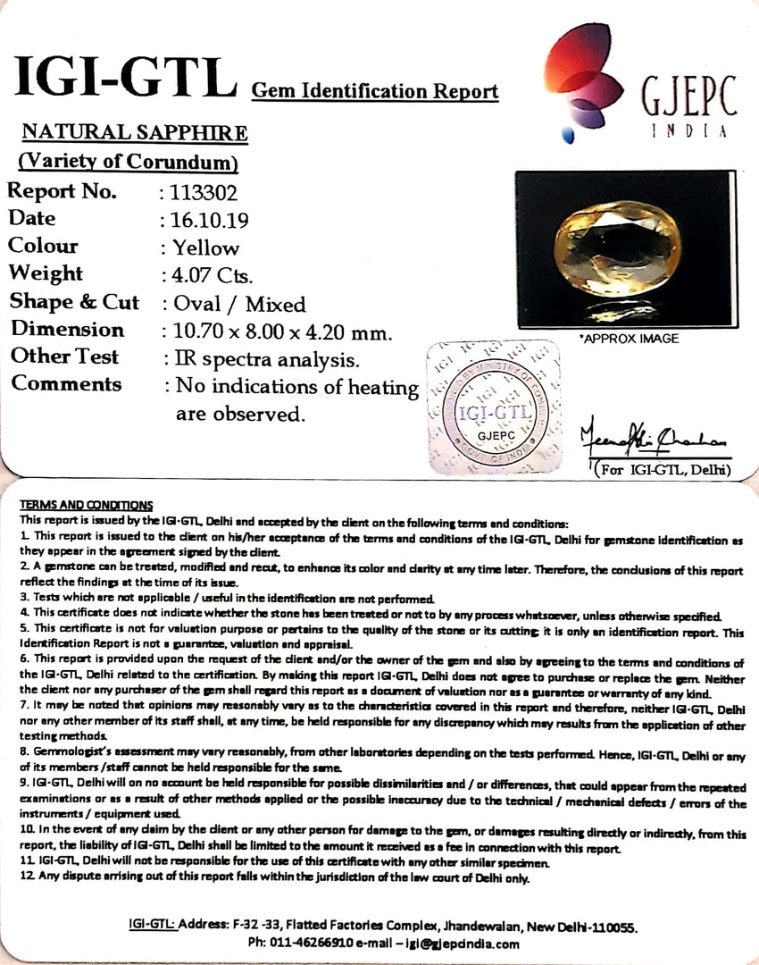 4.07/CT Natural Yellow Sapphire with Govt Lab Certificate-(YELSA9W)