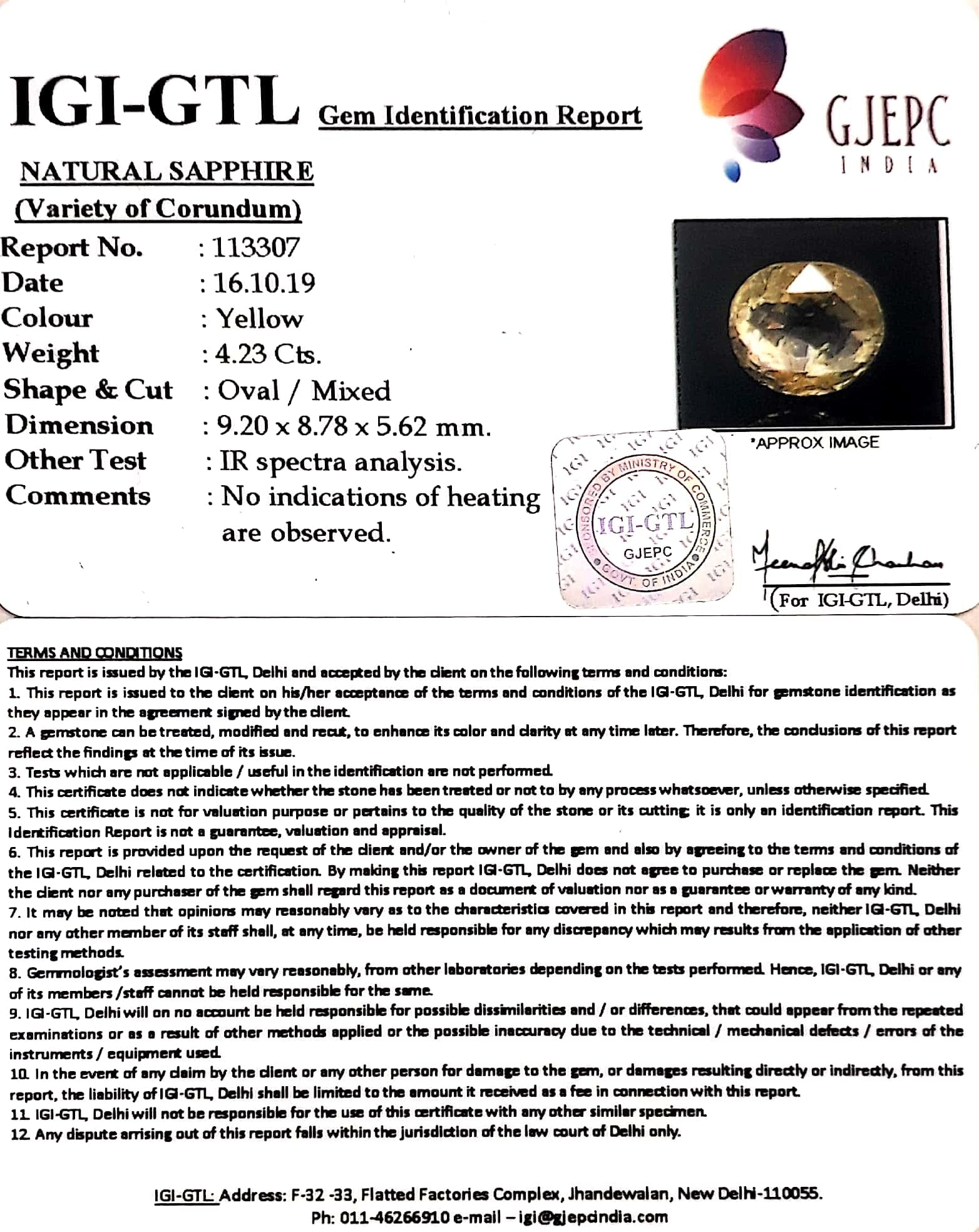 4.23/CT Natural Yellow Sapphire with Govt Lab Certificate (16650)