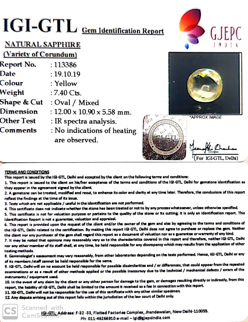 7.40/CT Natural Yellow Sapphire with Govt Lab Certificate-45510