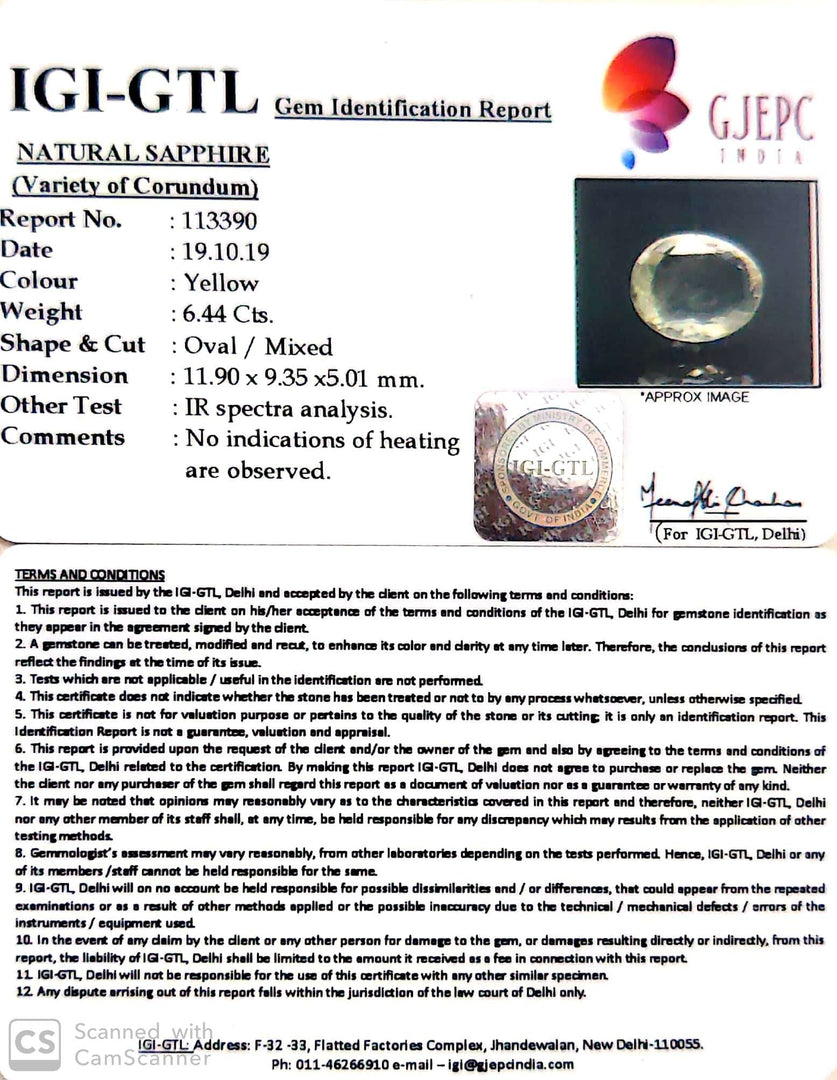 6.44/CT Natural Yellow Sapphire with Govt Lab Certificate-YELSA9U