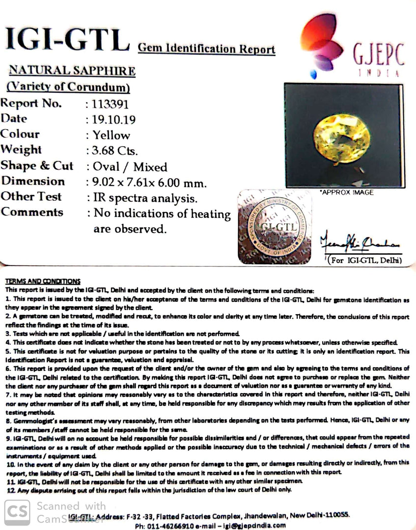 3.68/CT Natural Yellow Sapphire with Govt Lab Certificate-(YELSA9W)