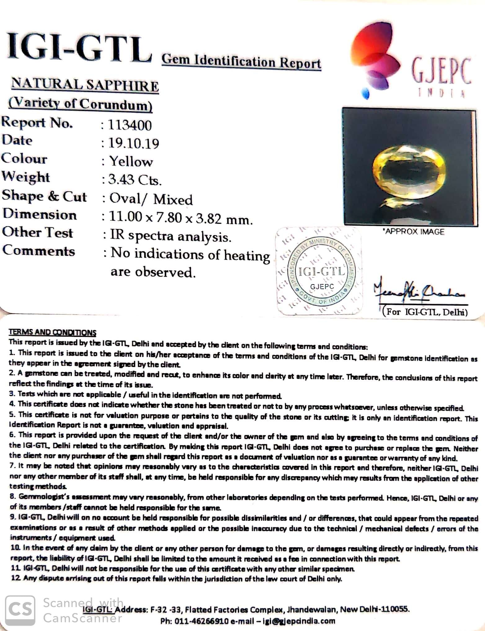 3.43/CT Natural Yellow Sapphire with Govt Lab Certificate-(YELSA9W)