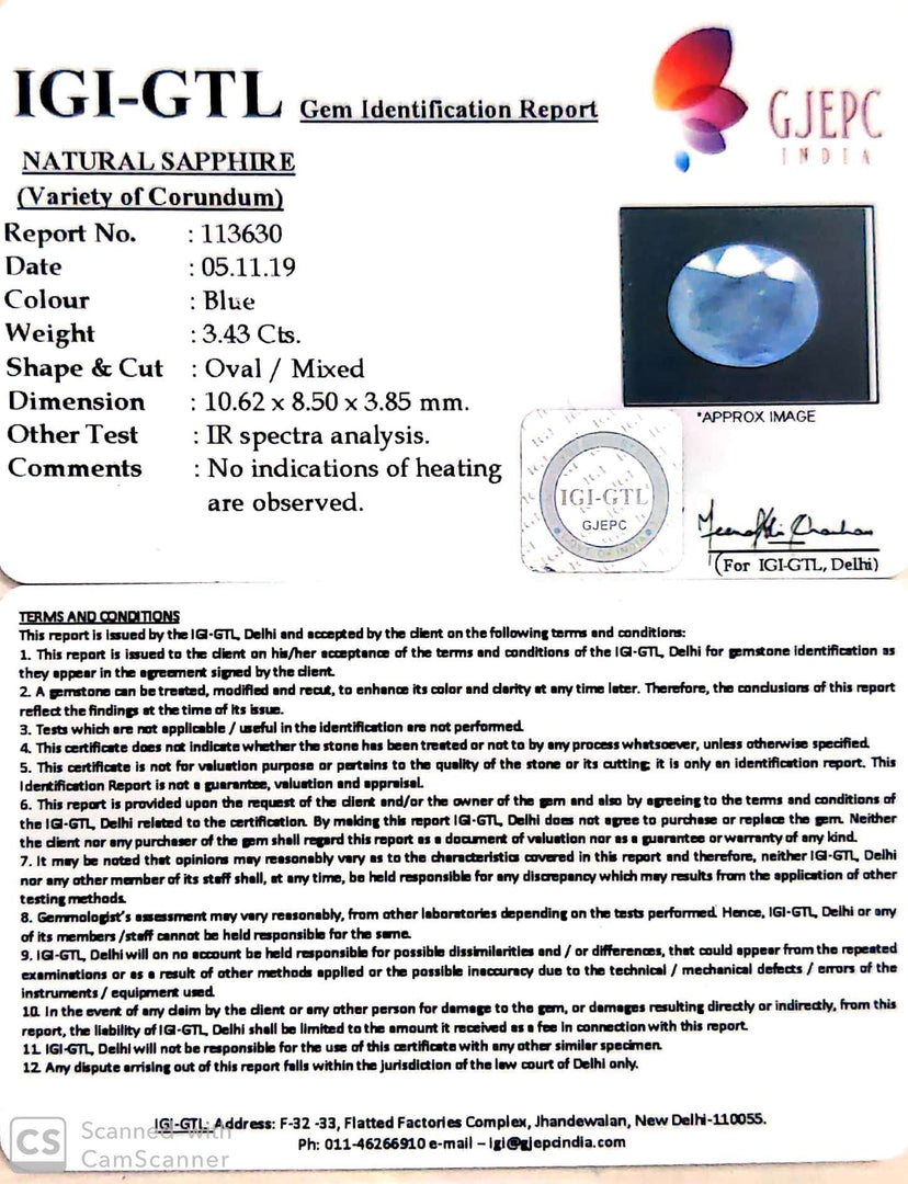 3.81 Ratti Natural Blue Sapphire With Govt Lab Certified-(6771)