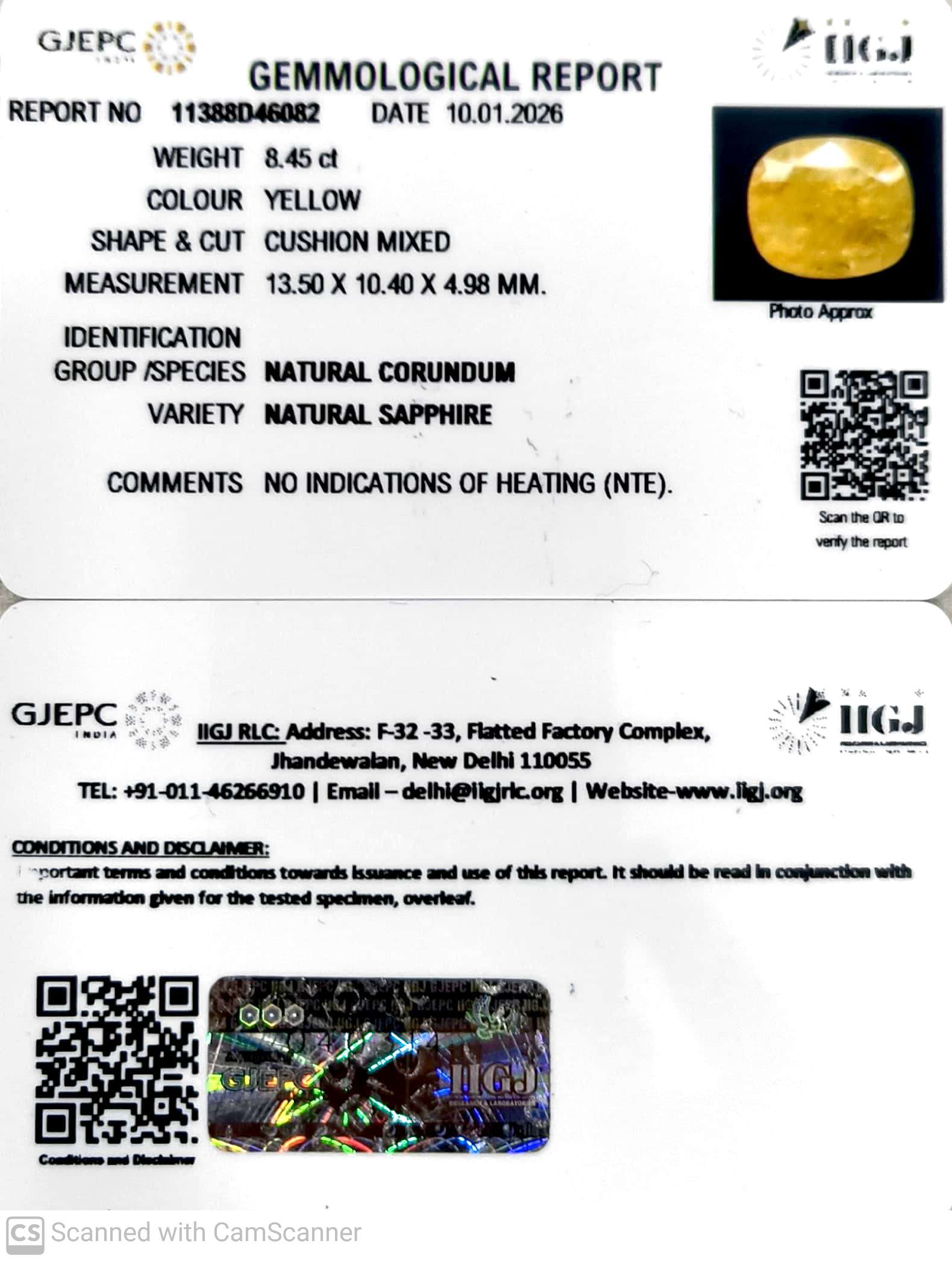 8.45/CT Natural Yellow Sapphire With Govt Lab Certificate-11388D46082