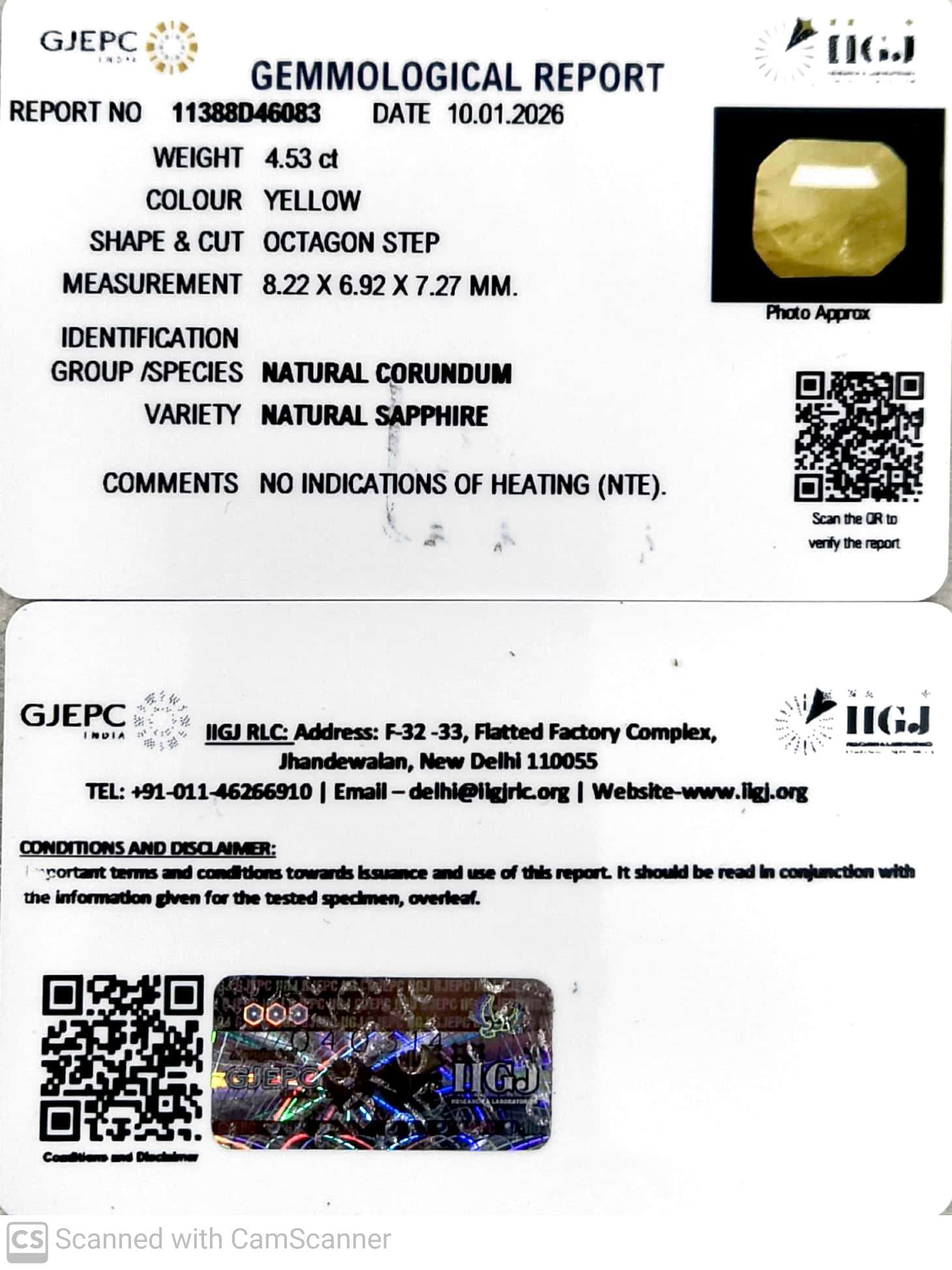 4.53/CT Natural Yellow Sapphire With Govt Lab Certificate-11388D46083