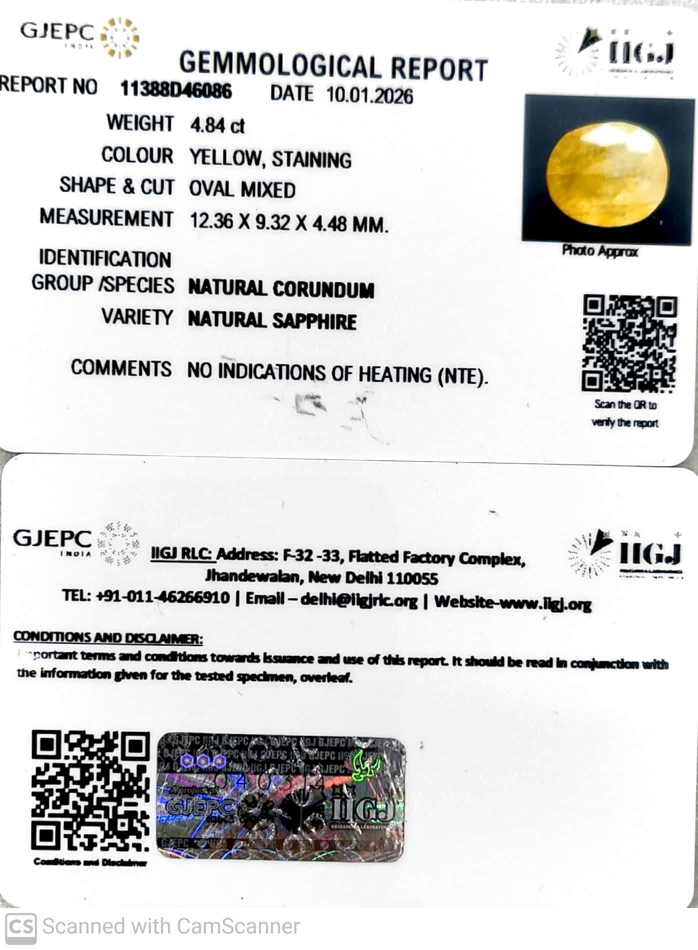 4.84/CT Natural Yellow Sapphire With Govt Lab Certificate-11388D46086