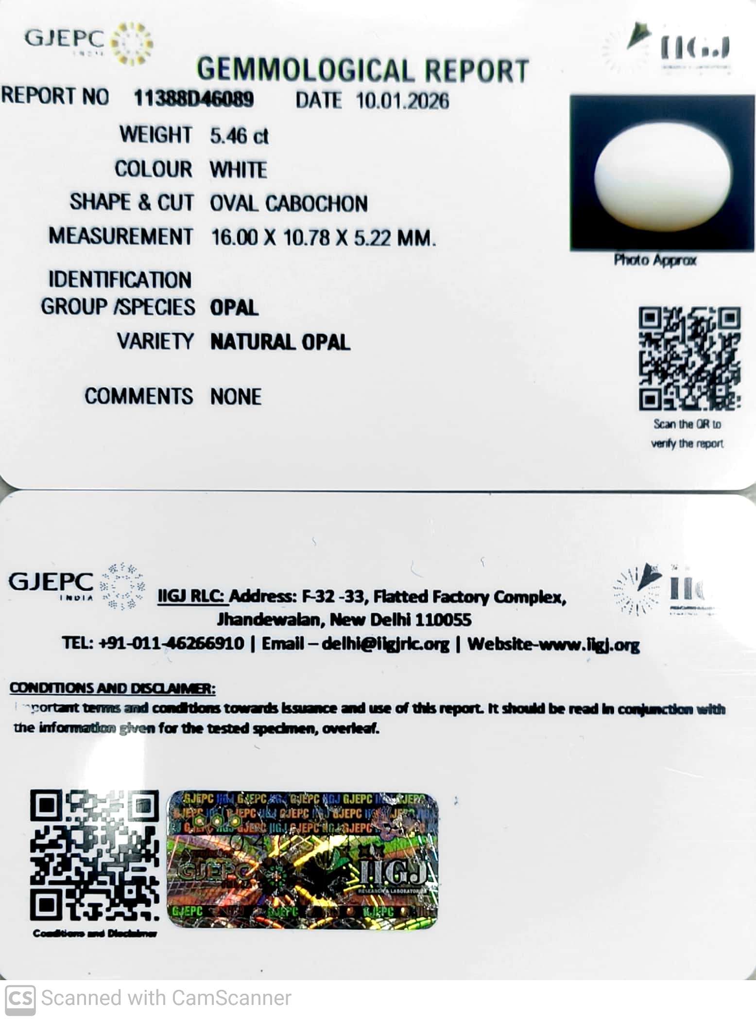 5.46/CT Natural Opal with Govt. Lab Certificate-11388D46089