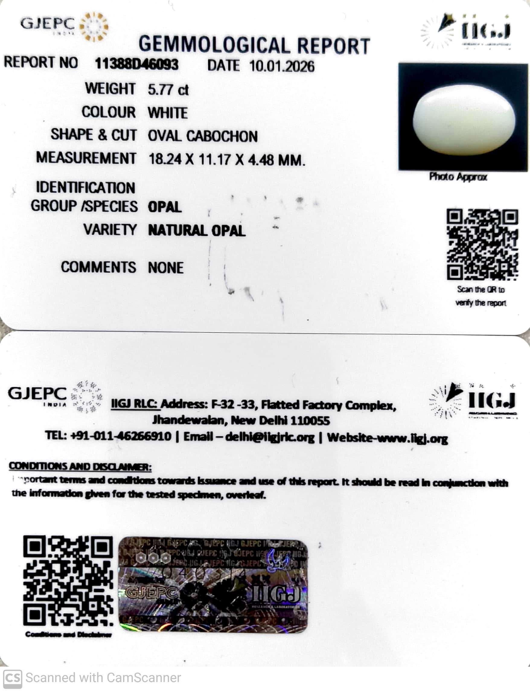 5.77/CT Natural Opal with Govt. Lab Certificate-11388D46093
