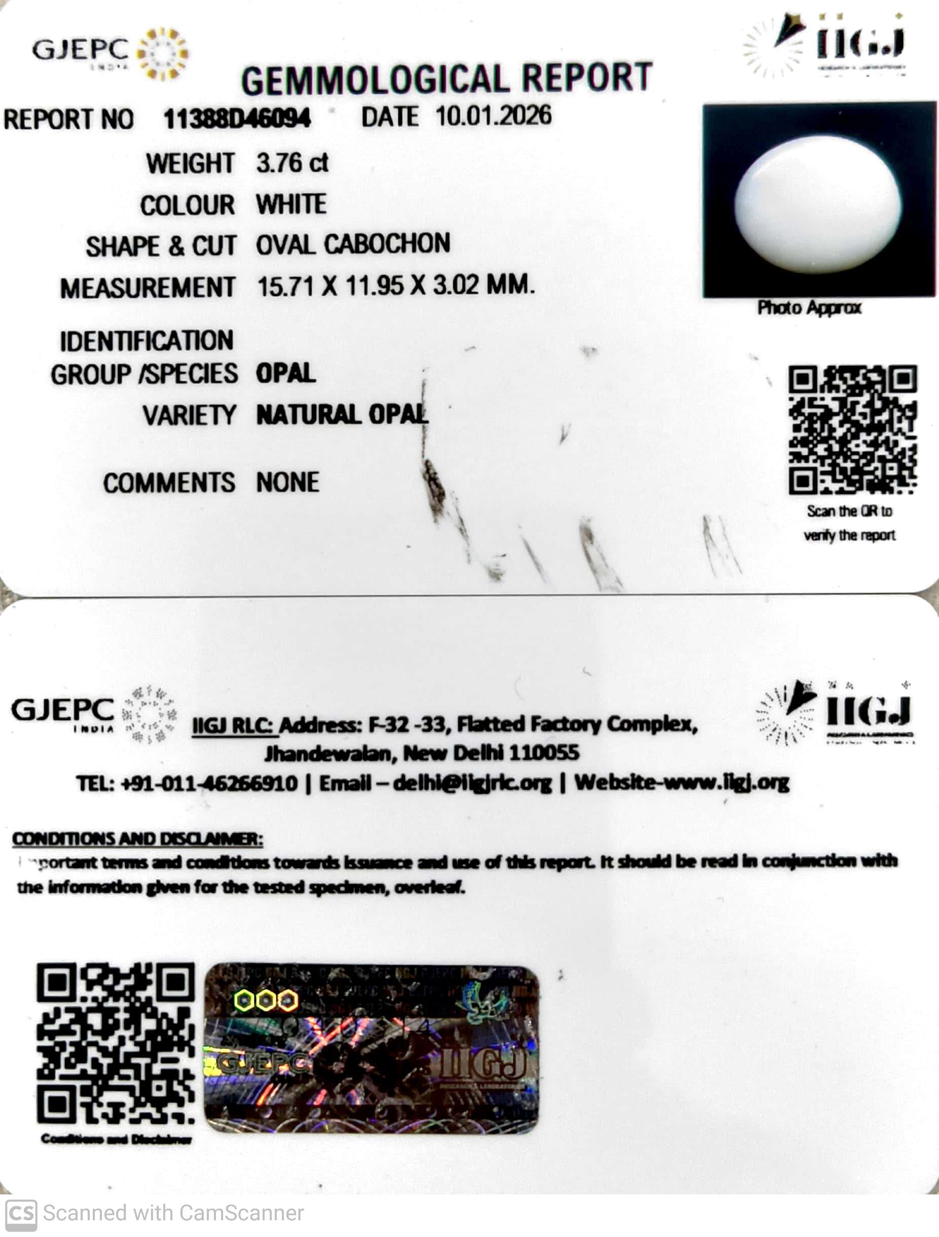 3.76/CT Natural Opal with Govt. Lab Certificate-11388D46094