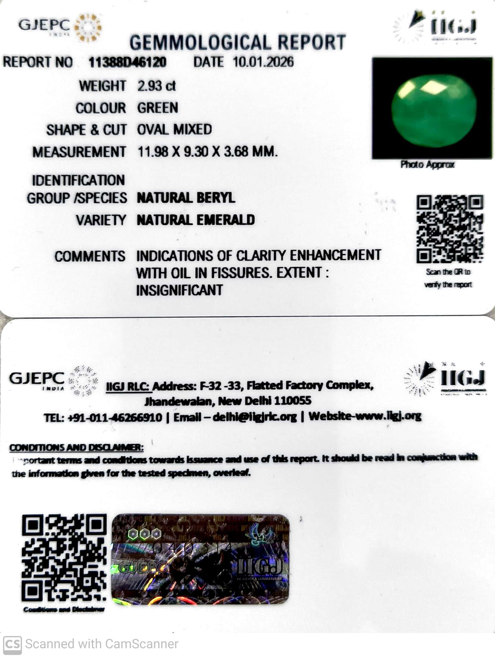 2.93/CT Natural Panna Stone with Govt. Lab Certificate-11388D46120