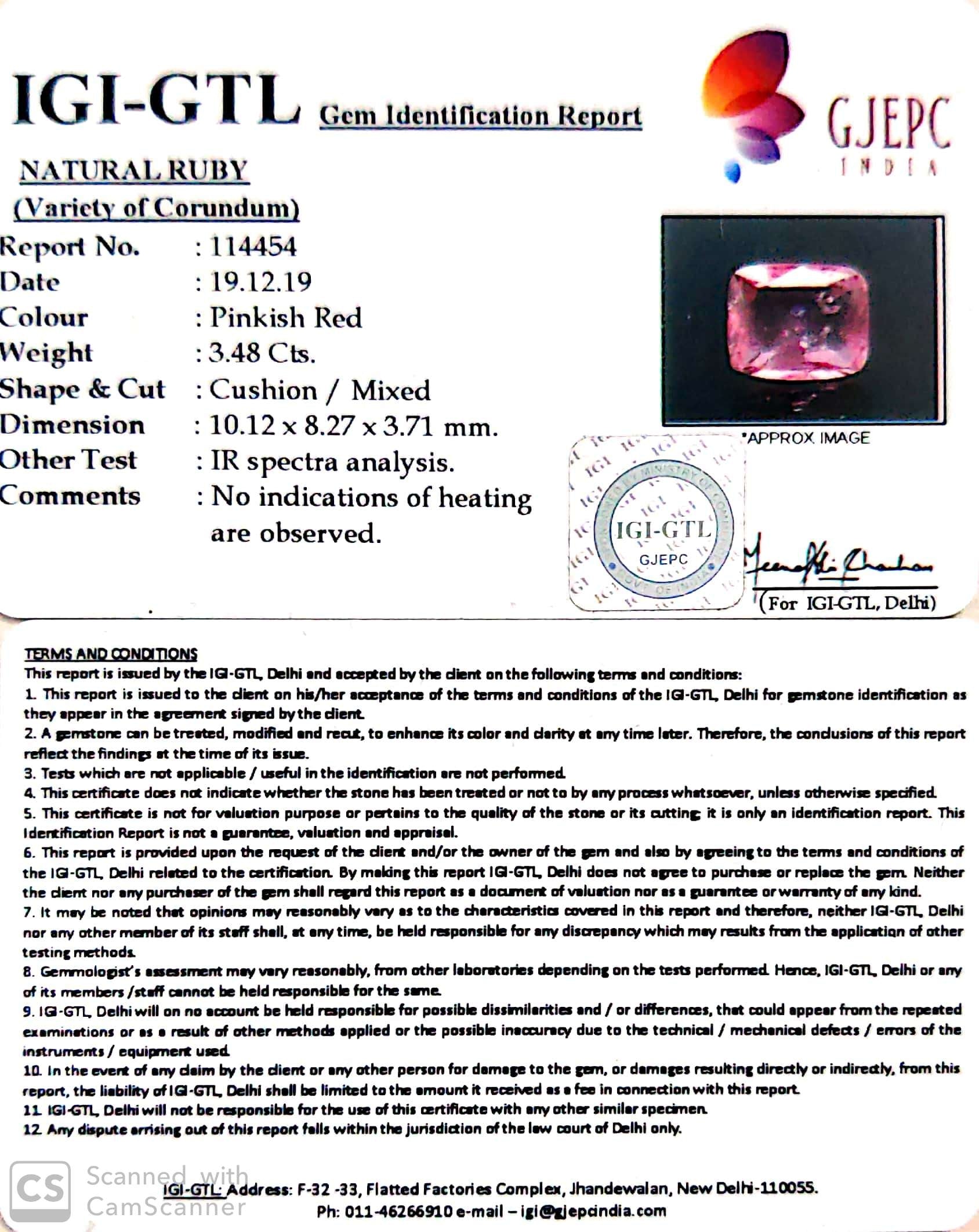 3.48/CT Natural Mozambique Ruby with Govt Lab Certificate (89910)