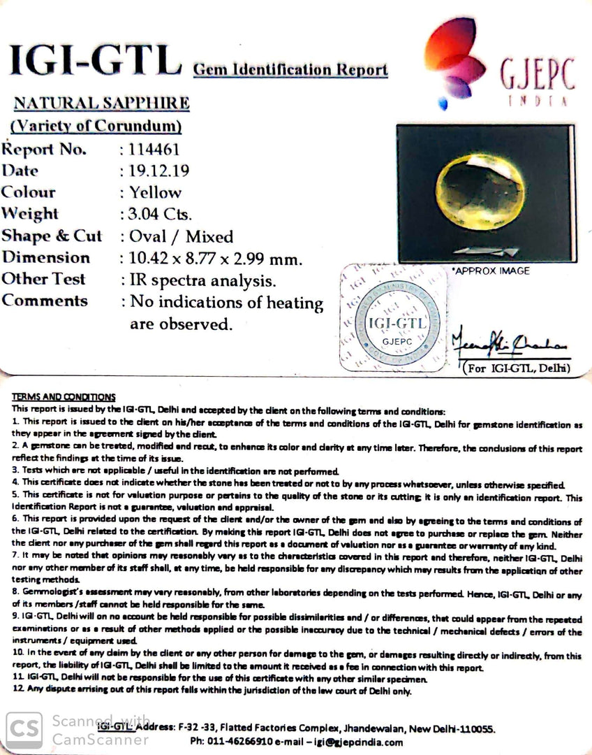 3.04/CT Natural Yellow Sapphire with Govt Lab Certificate-YELSA9U