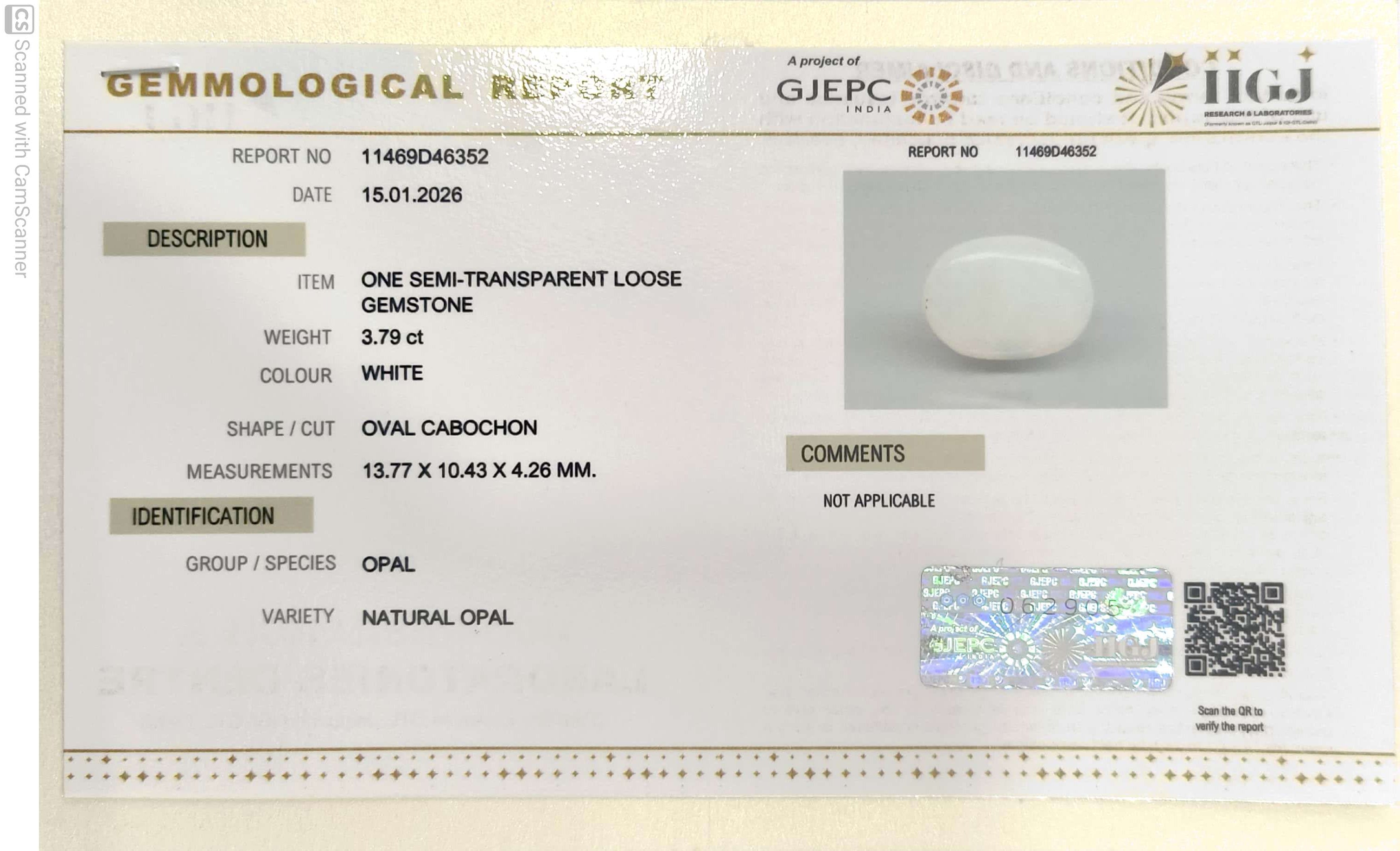 3.79/CT Natural Opal with Govt. Lab Certificate-11469D46352