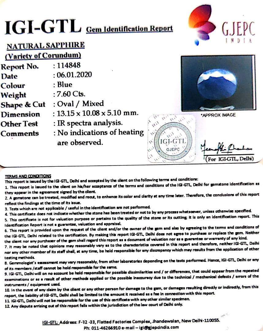 8.44 Ratti Natural Blue Sapphire With Govt Lab Certified-(1221)