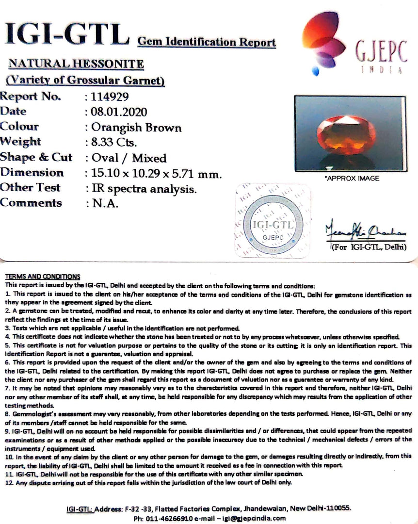 9.26 Ratti Natural Hessonite with Govt. Lab Certificate-(1221)