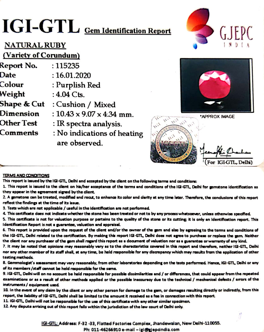 4.04/CT Natural Mozambique Ruby with Govt. Lab Certificate-(RUBY9U)