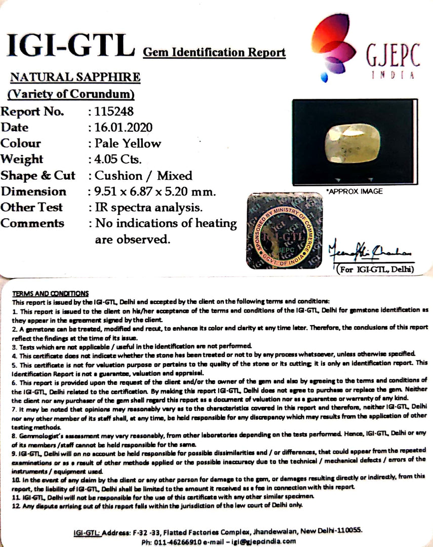 4.50 Ratti Natural Yellow Sapphire with Govt Lab Certificate-(4551)