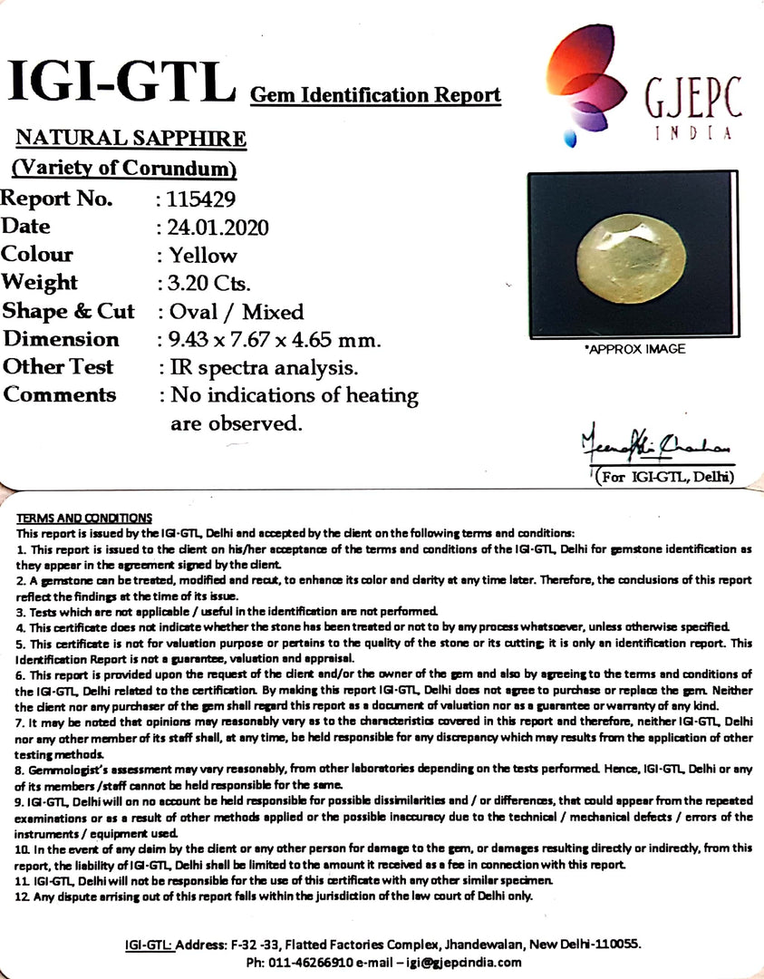 3.56 Ratti Natural Yellow Sapphire with Govt Lab Certificate-(4551)