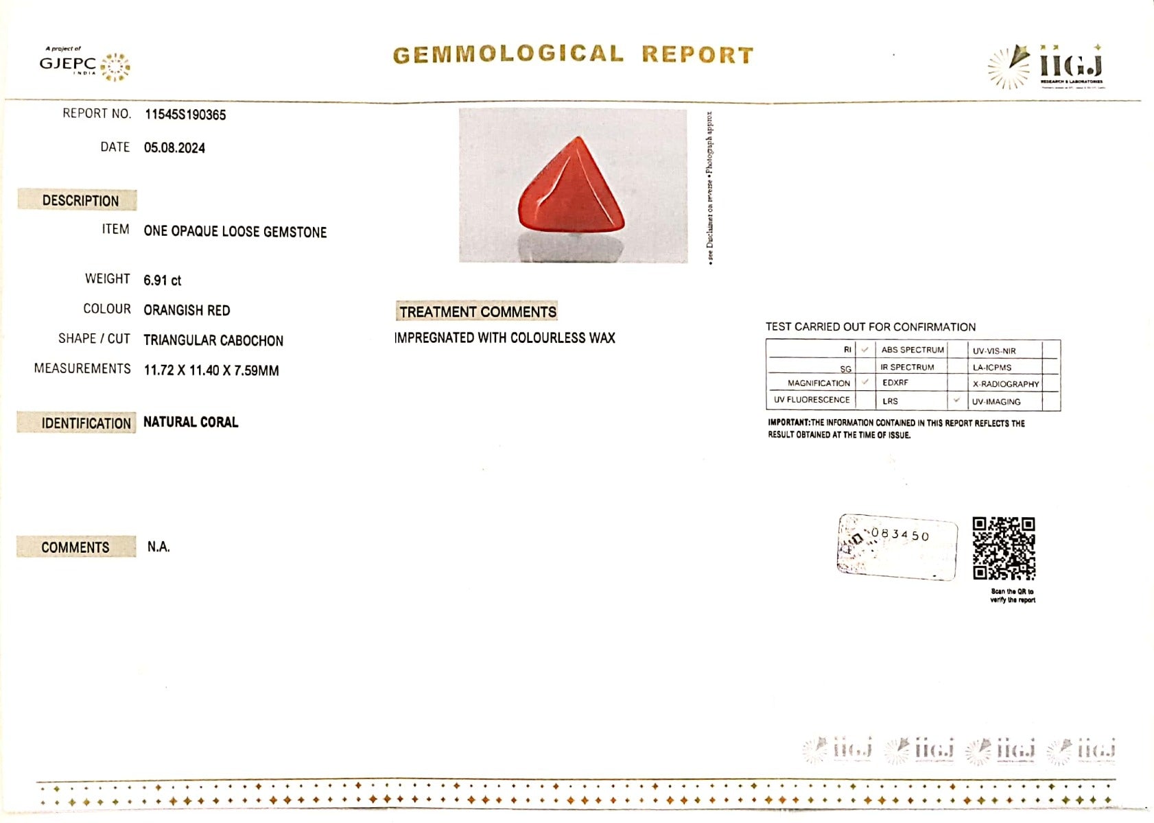 6.91/CT Natural Triangular Red Coral-2150