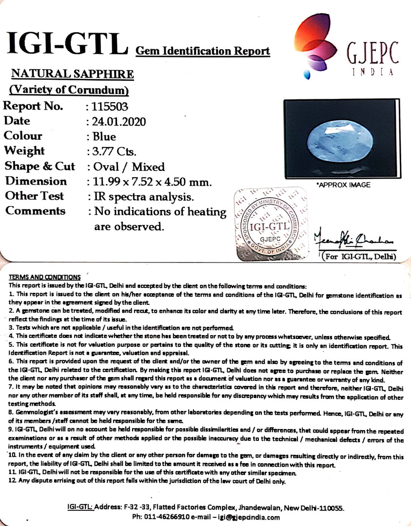 4.19 Ratti Natural Blue Sapphire With Govt Lab Certified-(4551)