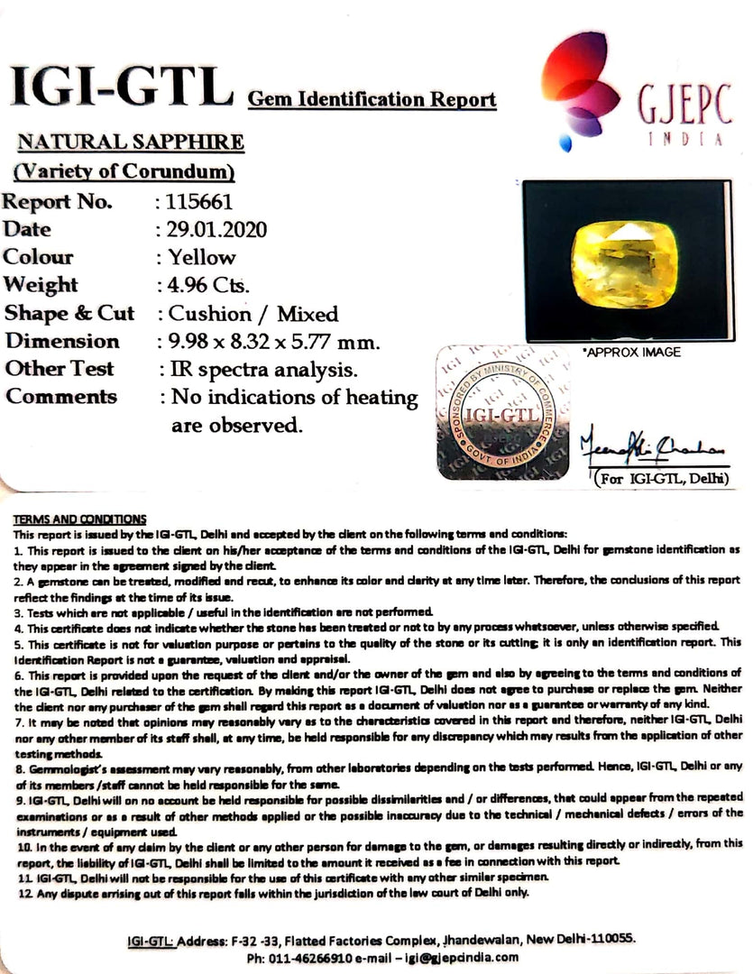 4.96/CT Natural Yellow Sapphire with Govt Lab Certificate-(YELSA9V)