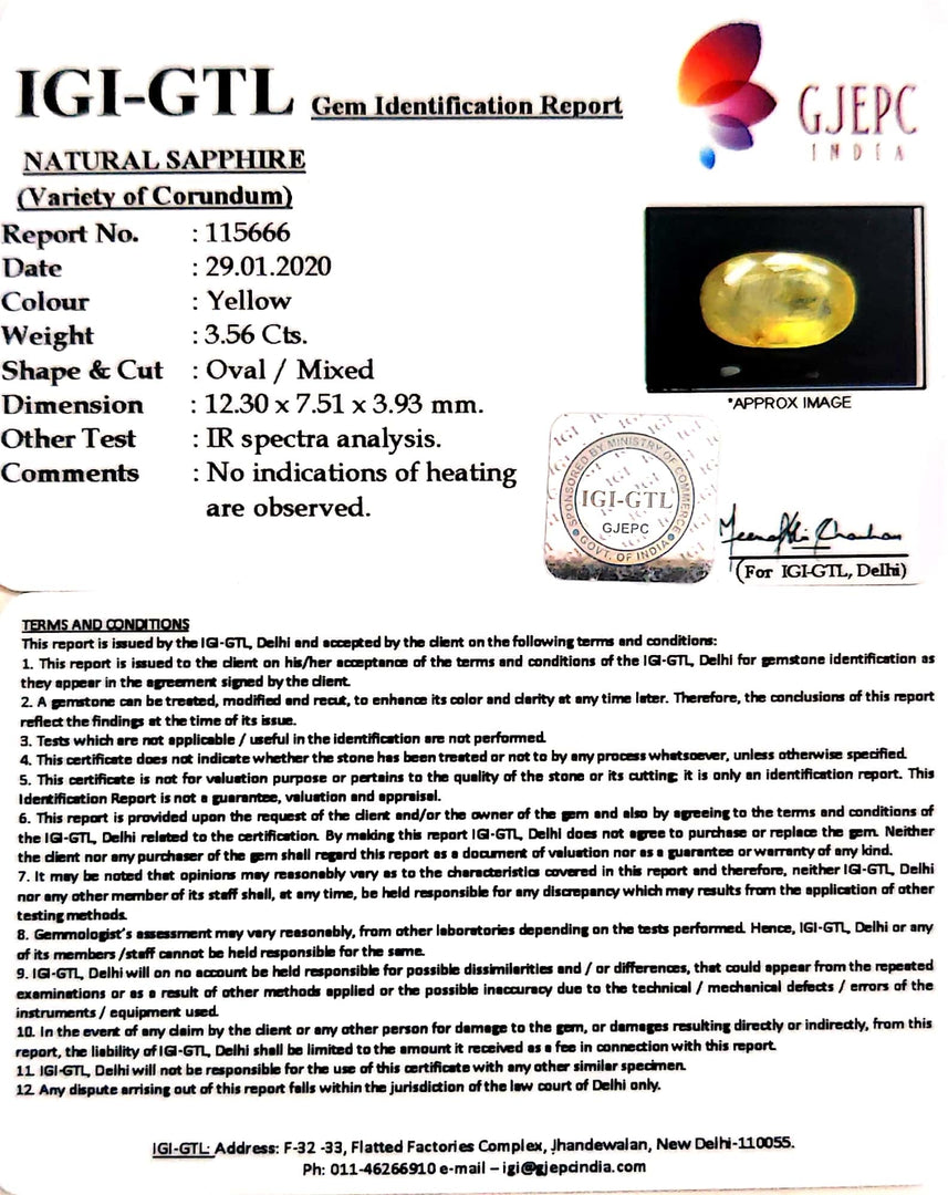 3.96 Ratti Natural Yellow Sapphire with Govt Lab Certificate-(6771)