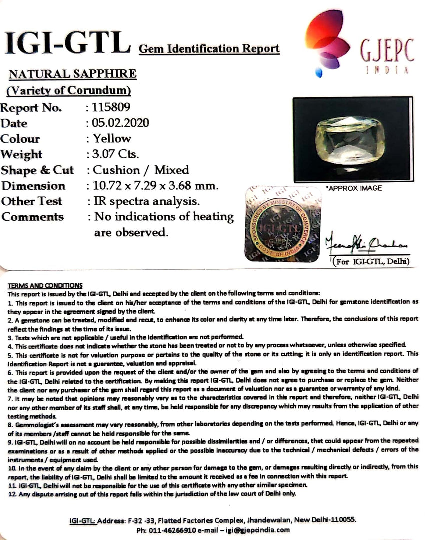 3.07/CT Natural Yellow Sapphire with Govt Lab Certificate-YELSA9U