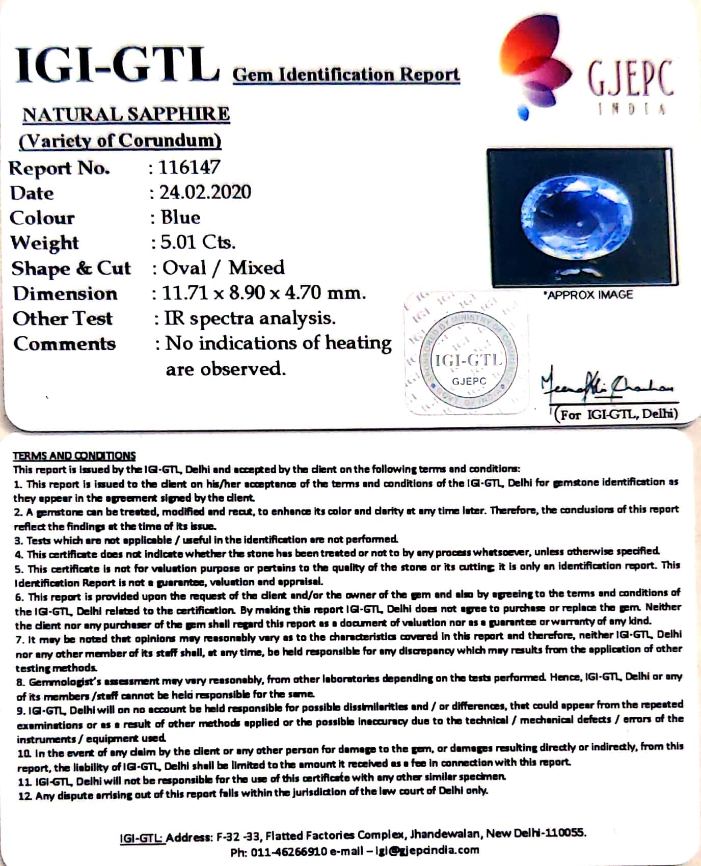 5.01/CT Natural Blue Sapphire With Govt Lab Certificate-BLUSA9A