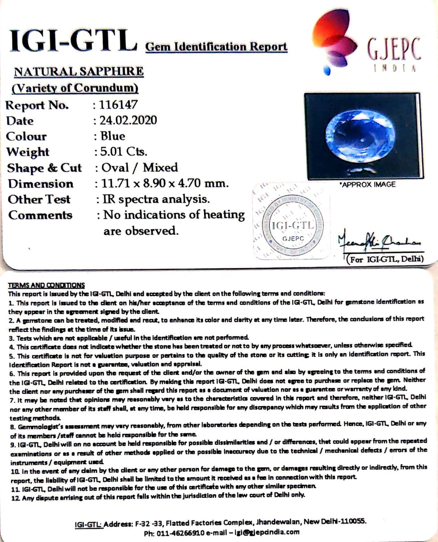 5.01/CT Natural Blue Sapphire With Govt Lab Certificate-BLUSA9A