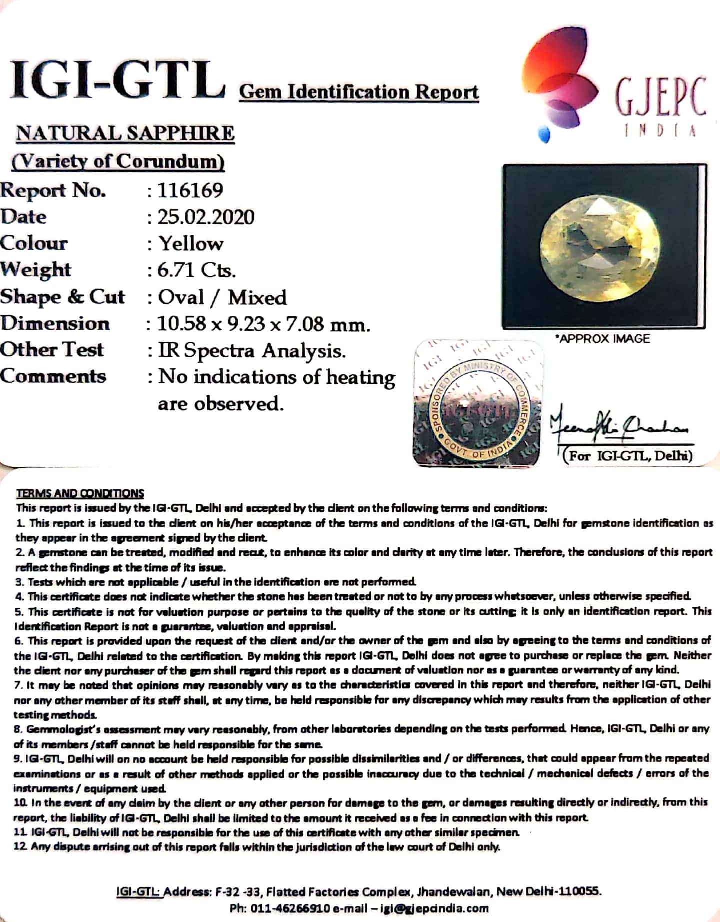 6.71/CT Natural Yellow Sapphire with Govt Lab Certificate-YELSA9V