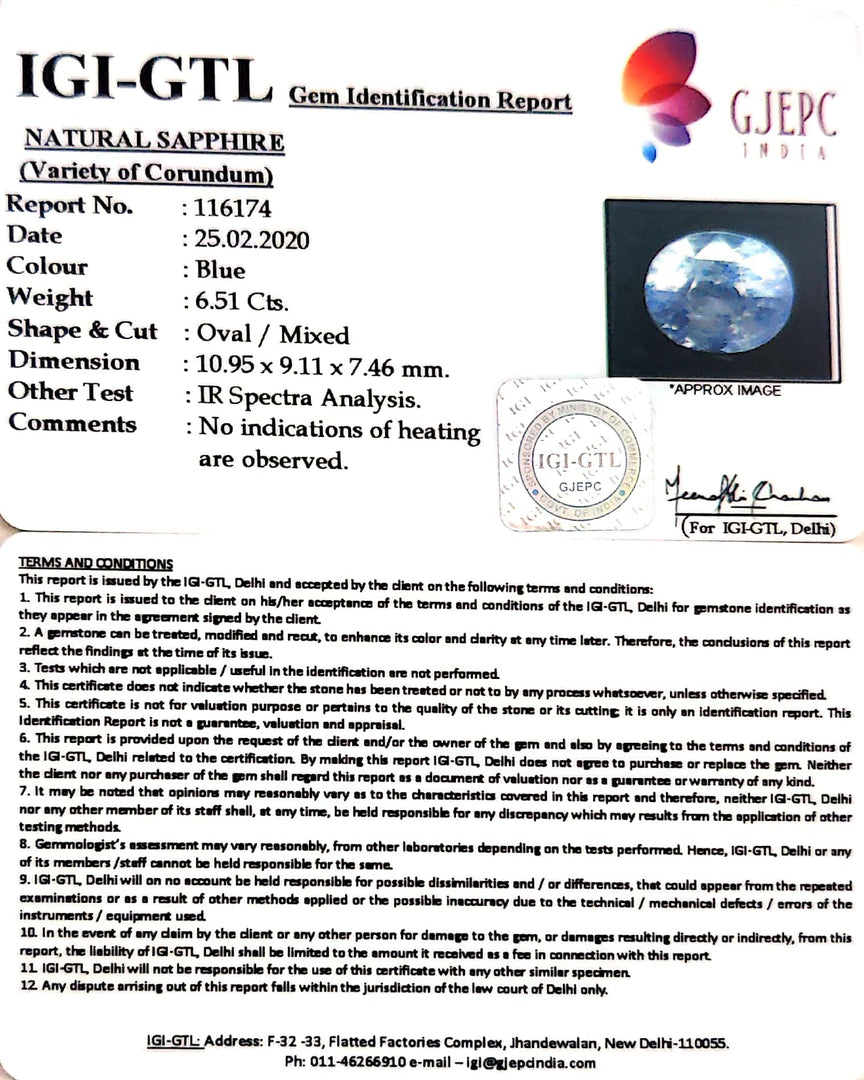 6.51/CT Natural Blue Sapphire With Govt Lab Certificate-BLUSA9V