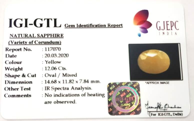 13.38 Ratti Natural Yellow Sapphire with Govt Lab Certificate-(1221)