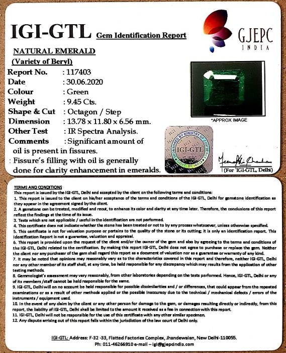 10.49 Ratti Natural Emerald Stone With Govt. Lab Certificate (3441)
