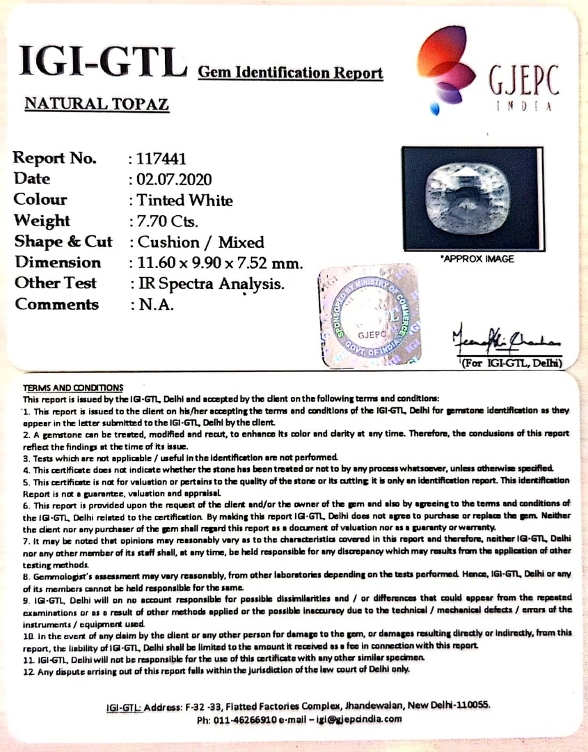 8.54 Ratti Natural White Topaz with Govt Lab Certificate - (1665)